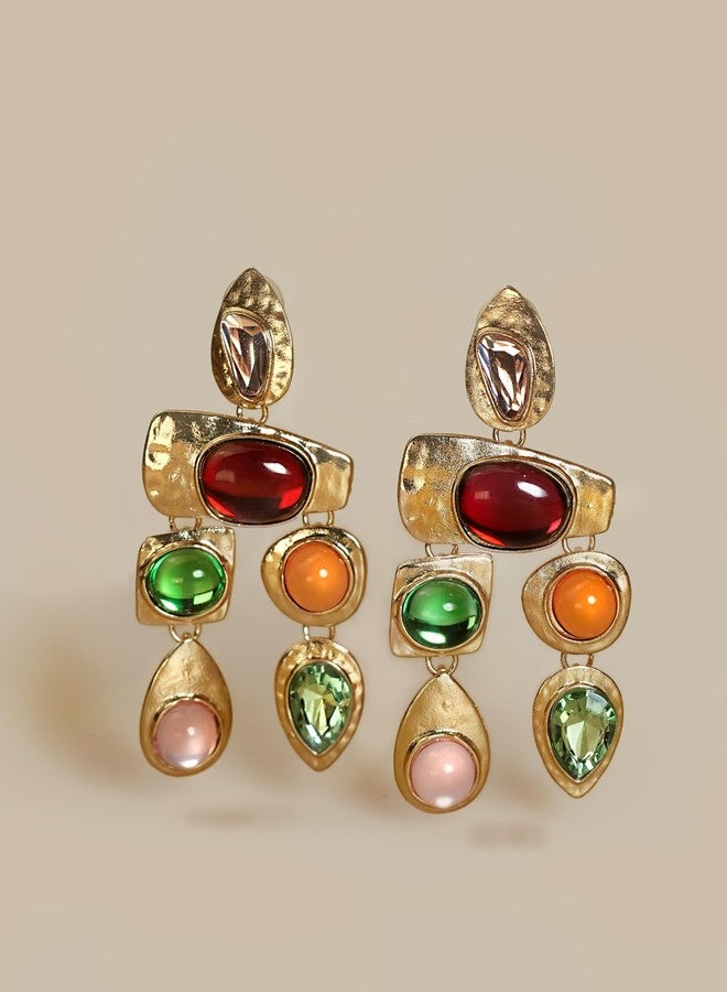 SNGIA 18K Gold Plated Dangle Boho Gemstone Earrings for Women by SNGIA, Boho Jewelry for Women, Dangling Large Big Unique Vintage Earrings for Women, Trendy Bohemian Handmade CZ Jewelry Gifts - Image 3